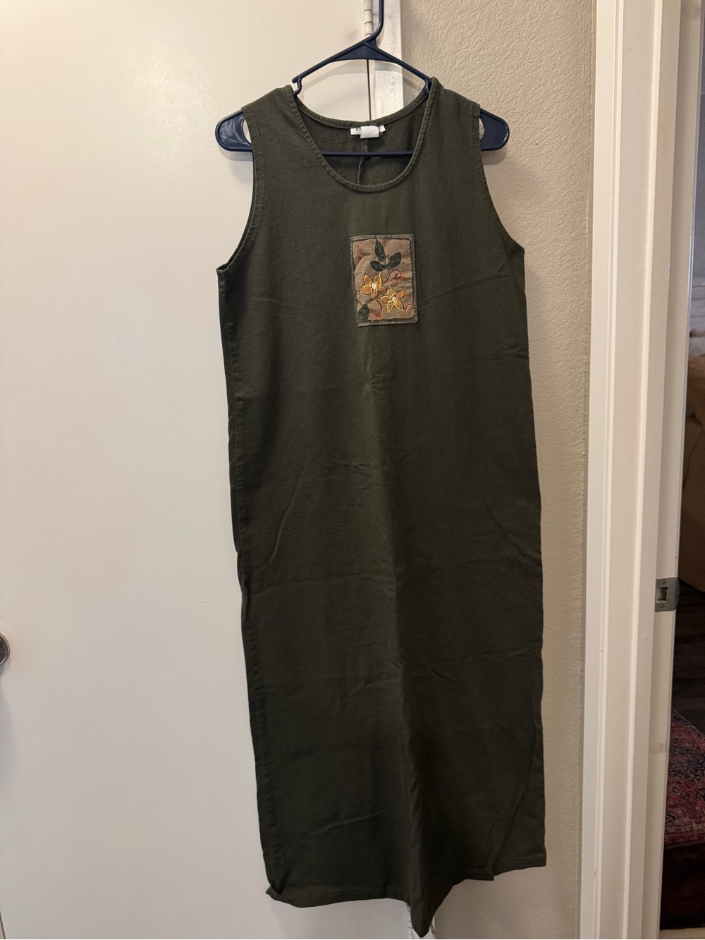 Wild Orchid Vintage Olive Green Sleeveless Midi Dress with Floral Patch